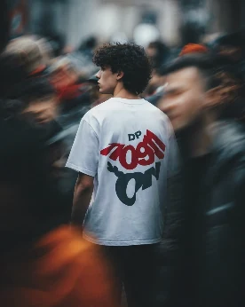 Chico de espaldas con camiseta blanca DP entre una multitud